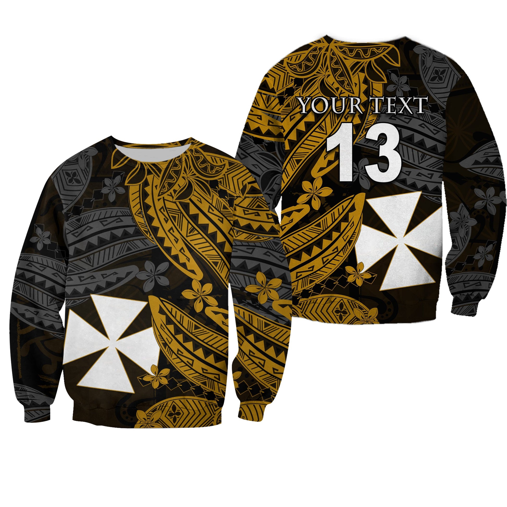 Custom Text and Number Wallis and Futuna Sweatshirt Enjoy Polynesian Flowers Version Gold