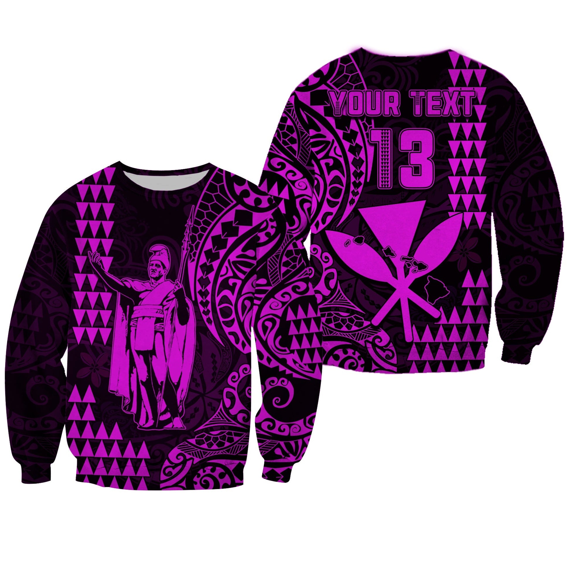 Custom Text and Number Hawaii Day Kakau Sweatshirt Proud To Be Hawaiian Purple King Kamehameha and Kanaka Maoli