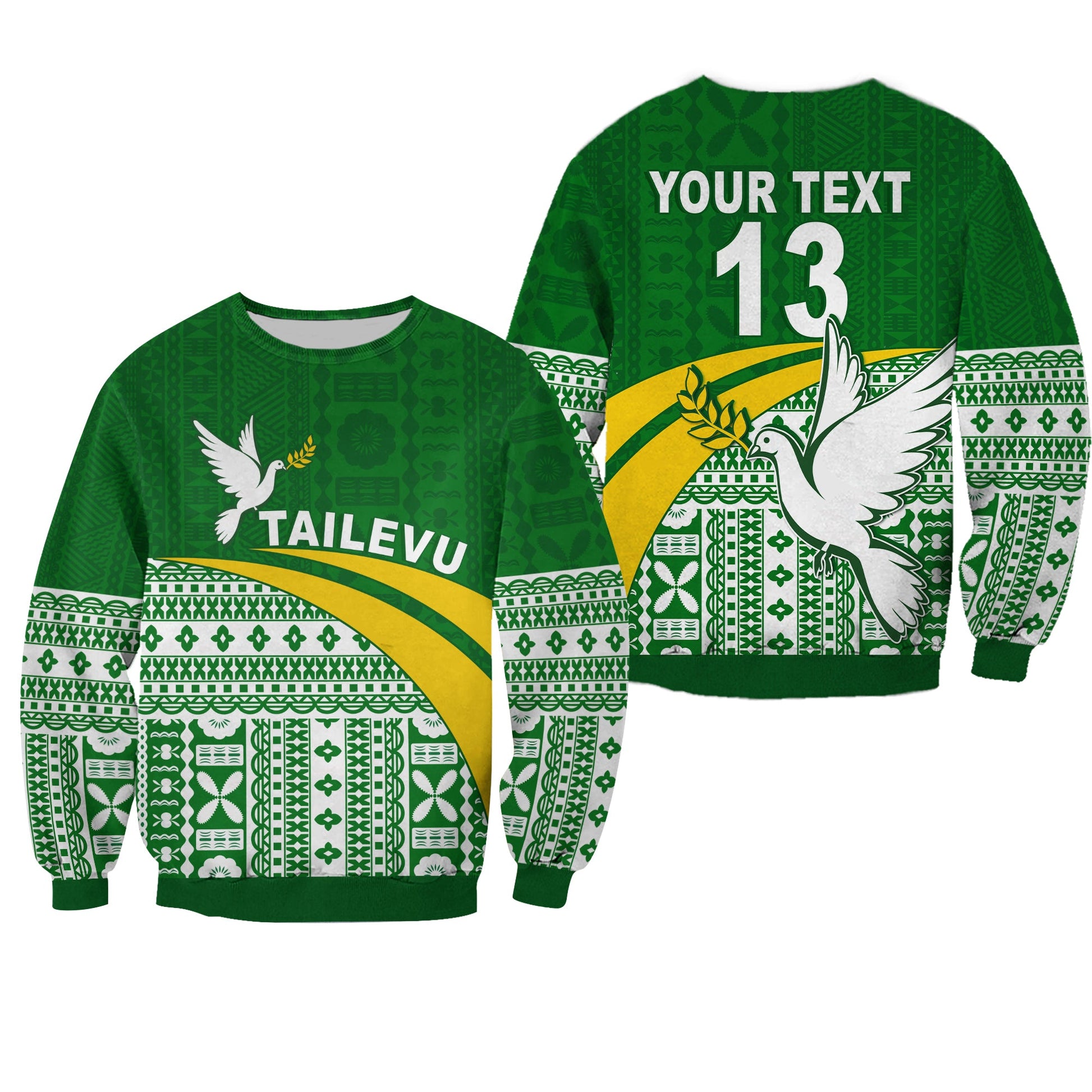 Custom Text and Number Tailevu Rugby Sweatshirt Fiji Rugby Tapa Pattern Green