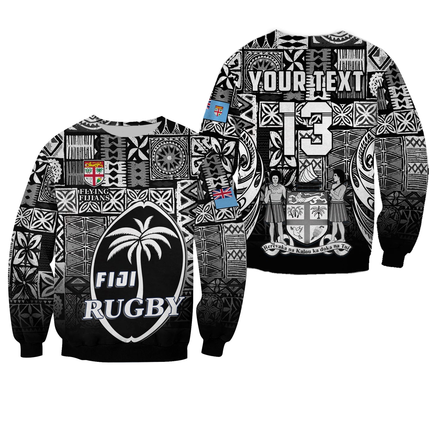 Custom Text and Number Fiji Rugby Sweatshirt Flying Fijians Black Tapa Pattern