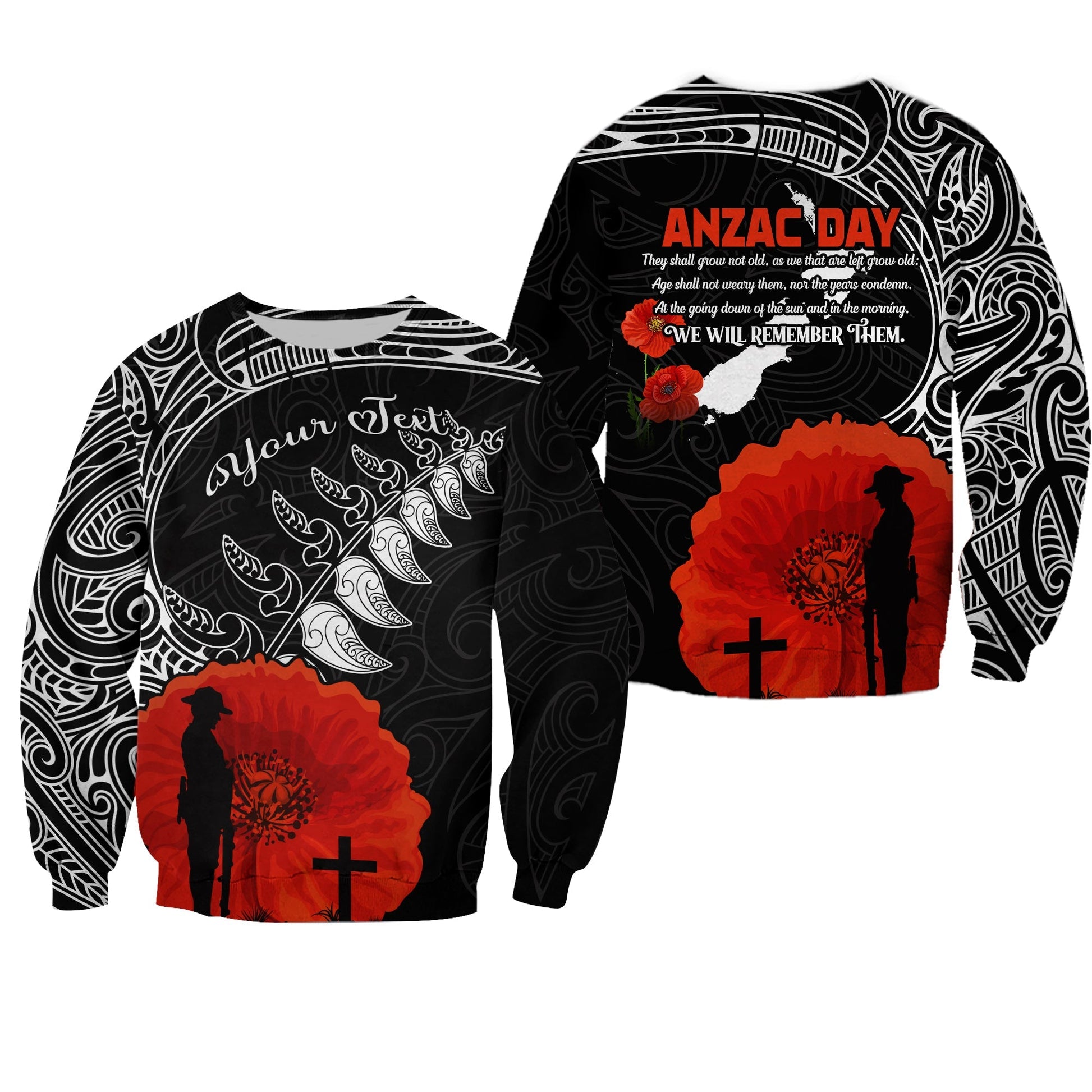 Custom Personalised New Zealand Anzac 2022 Sweatshirt Maori Mix Fern Poppy