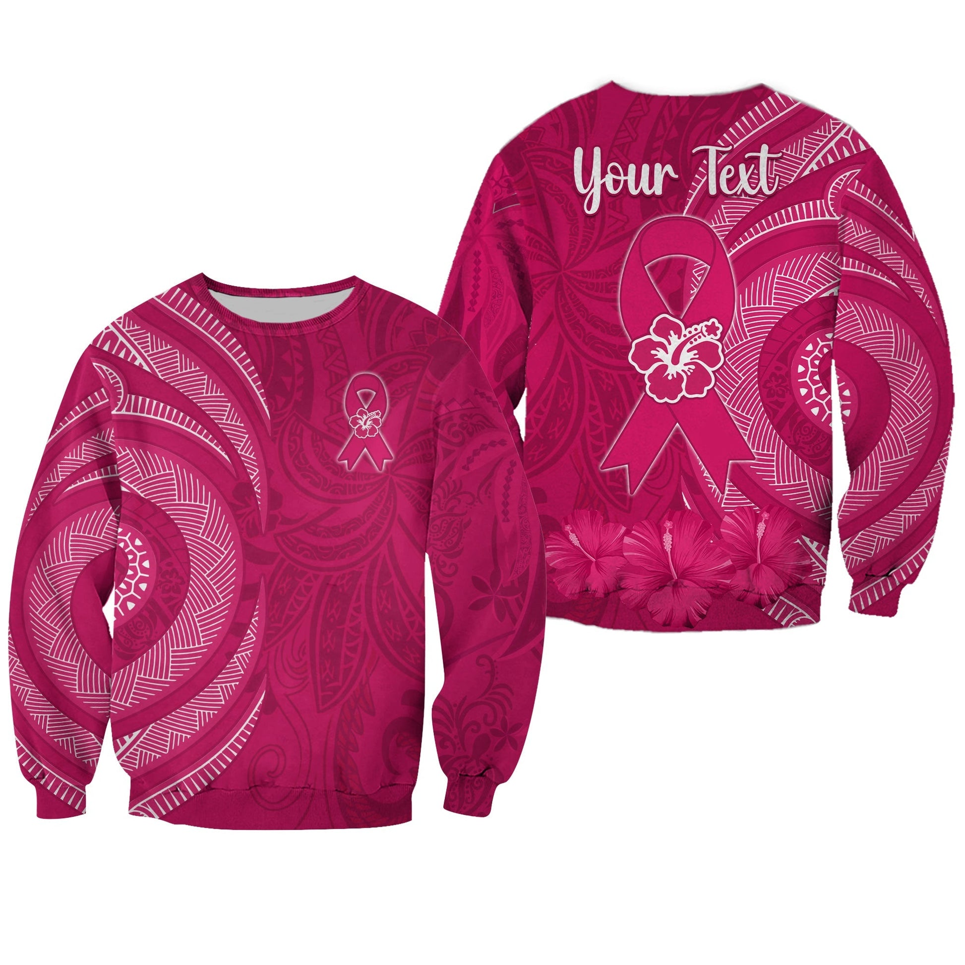 Custom Personalised Breast Cancer Awareness Sweatshirt Hibiscus Polynesian No One Fights Alone