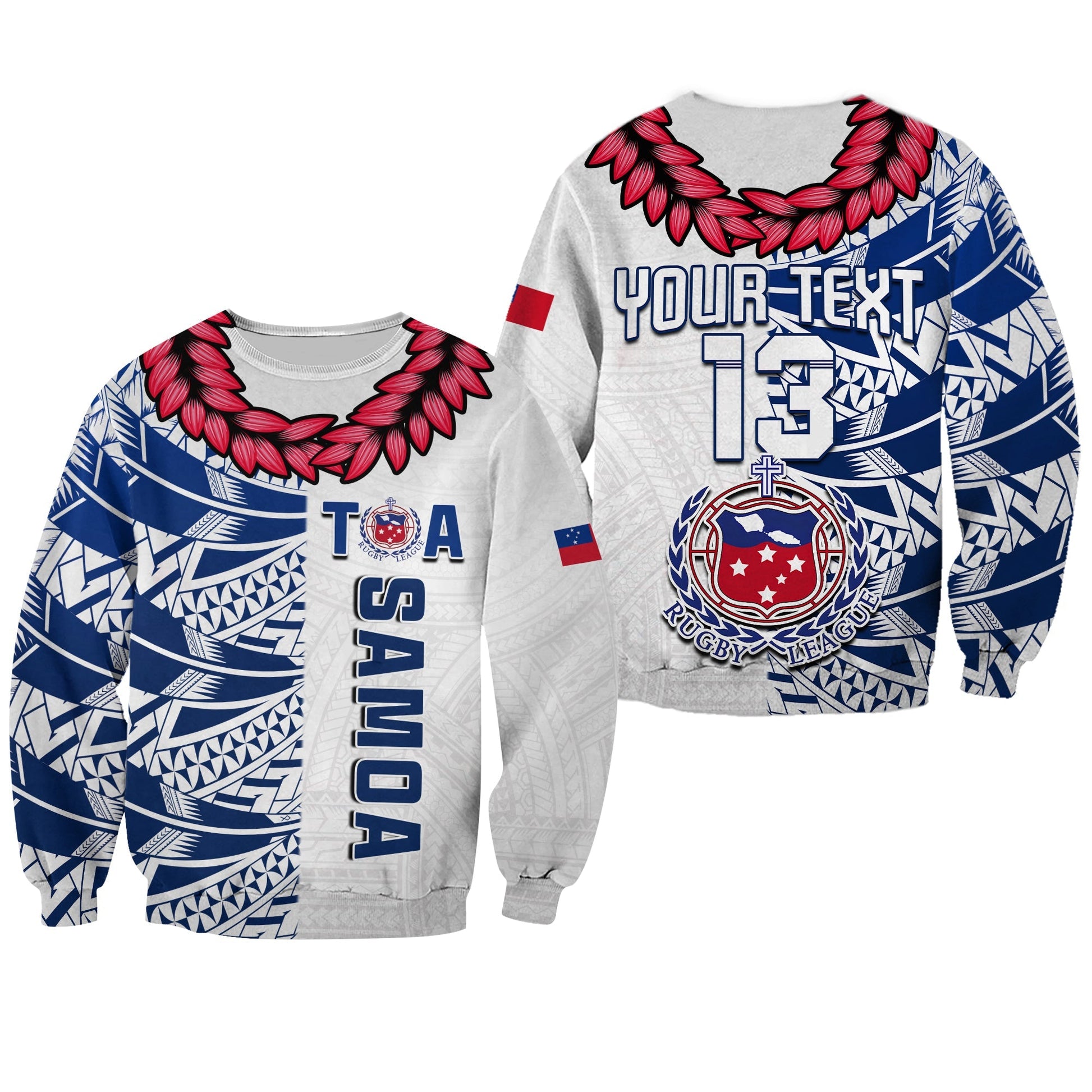 Custom Text and Number Toa Samoa Rugby Sweatshirt Siamupini Ula Fala White