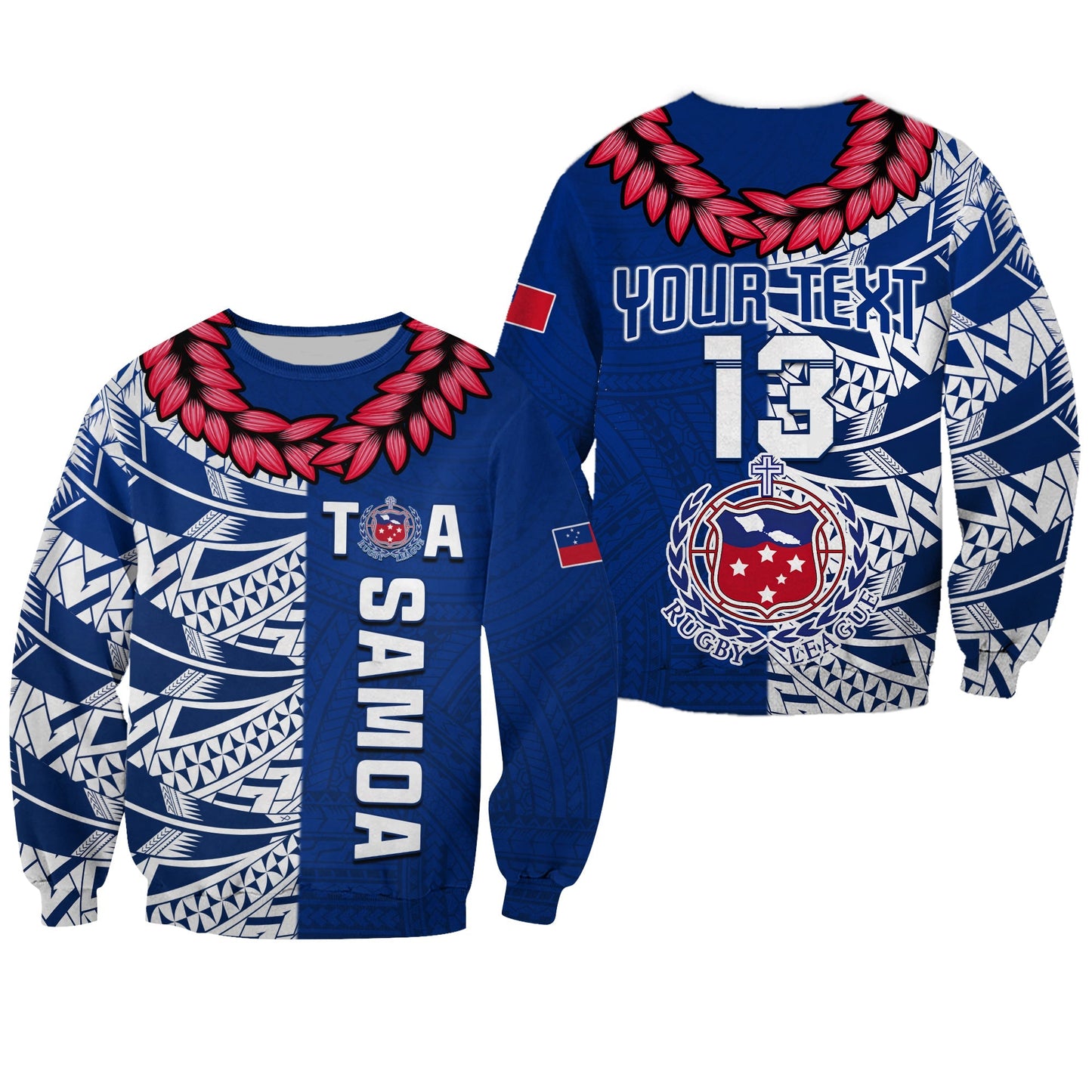 Custom Text and Number Toa Samoa Rugby Sweatshirt Siamupini Ula Fala Blue