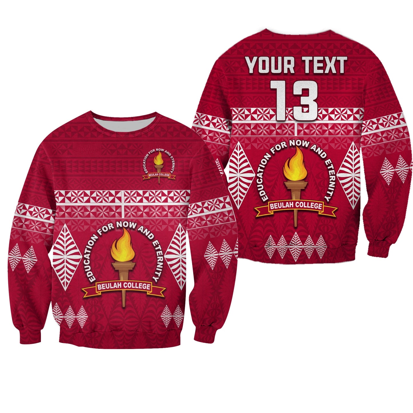 Custom Text and Number Beulah College Sweatshirt Ngatu Pattern Tonga