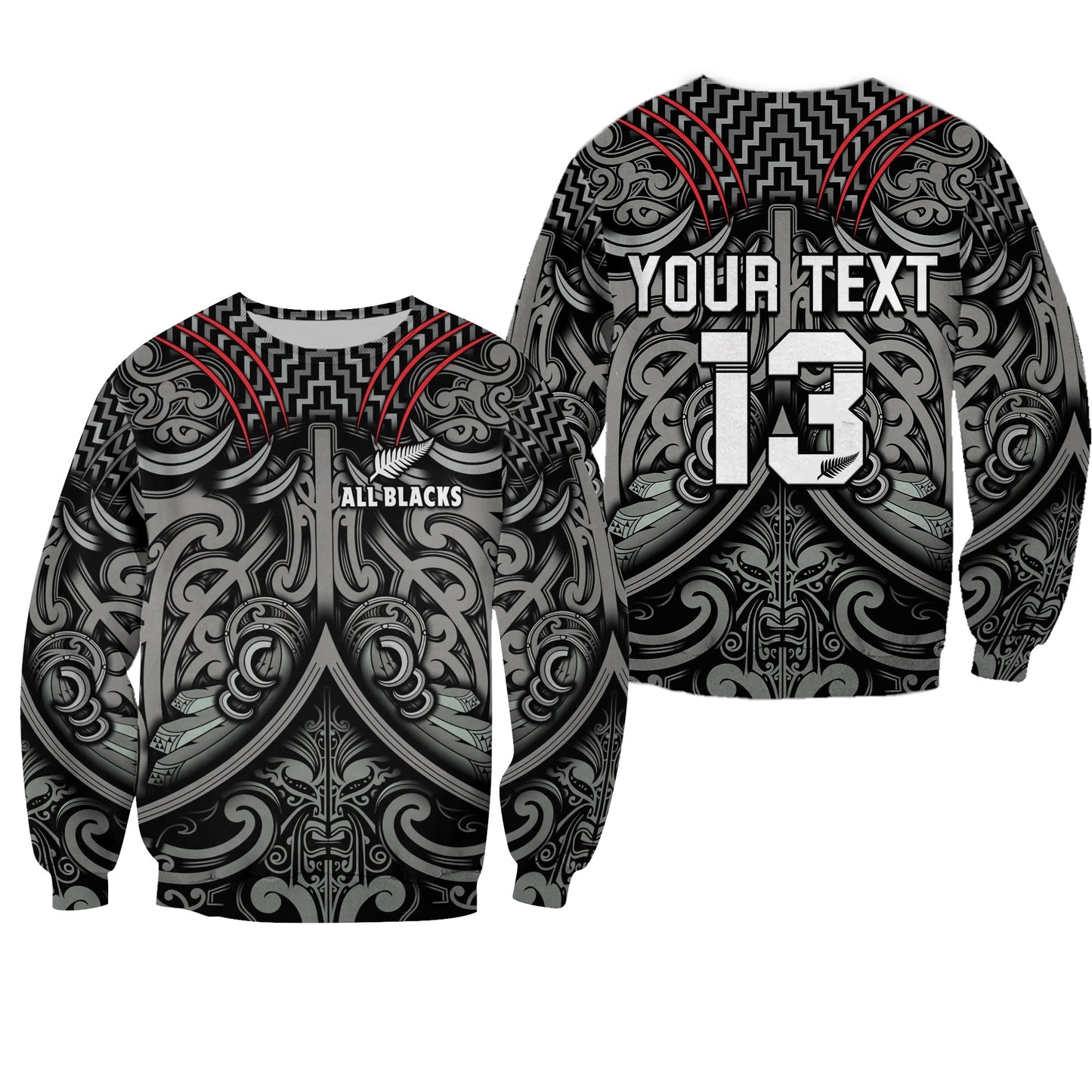 Custom Text and Number New Zealand Silver Fern Rugby Sweatshirt All Black NZ Maori Pattern