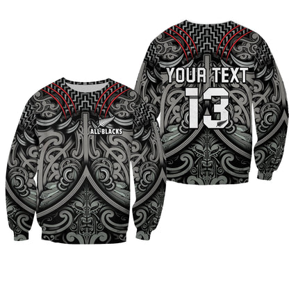 Custom Text and Number New Zealand Silver Fern Rugby Sweatshirt All Black NZ Maori Pattern