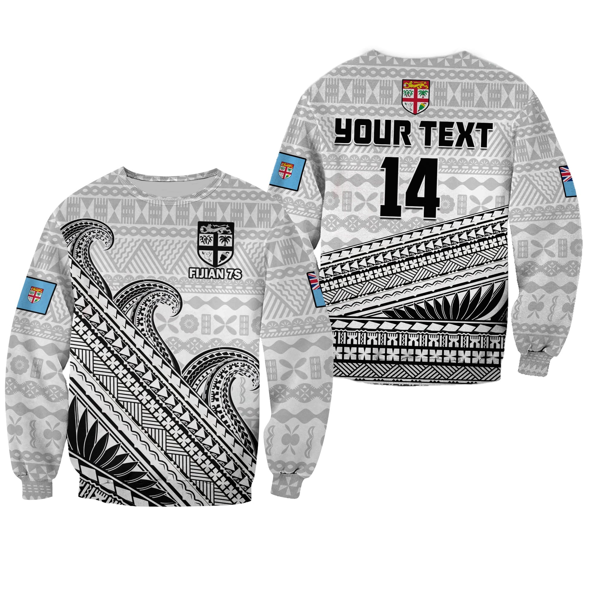 Custom Text And Number Fiji Sevens Rugby Sweatshirt Fijian 7s Tapa Polynesian Art