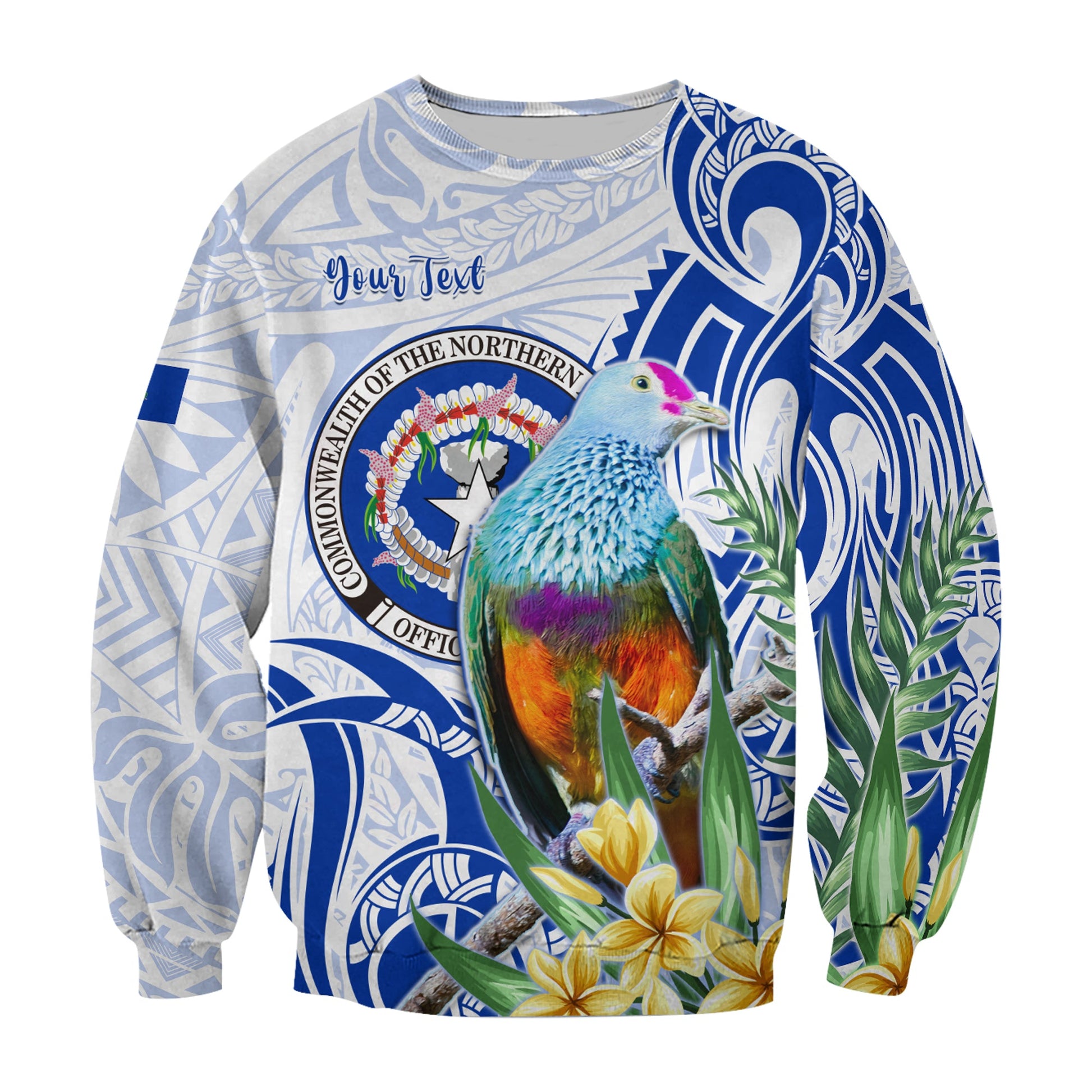 Custom Personalised Northern Mariana Islands Sweatshirt Mariana Fruit Dove Mix Frangipani Flowers White