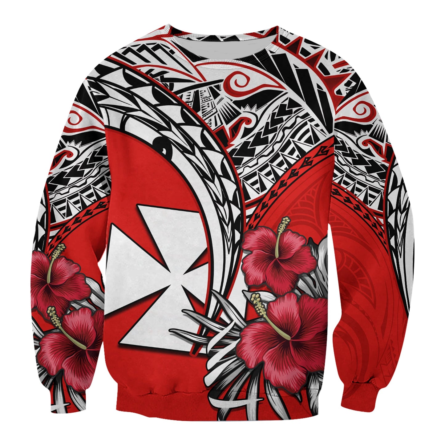 Wallis et Futuna Sweatshirt Polynesian Pattern and Hibiscus Flowers Version Red