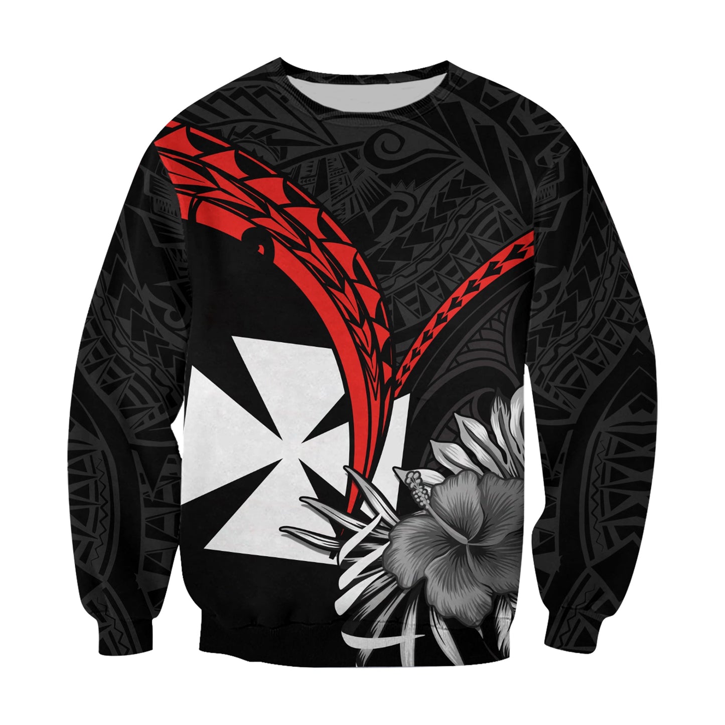 Wallis et Futuna Sweatshirt Polynesian Pattern and Hibiscus Flowers Version Black