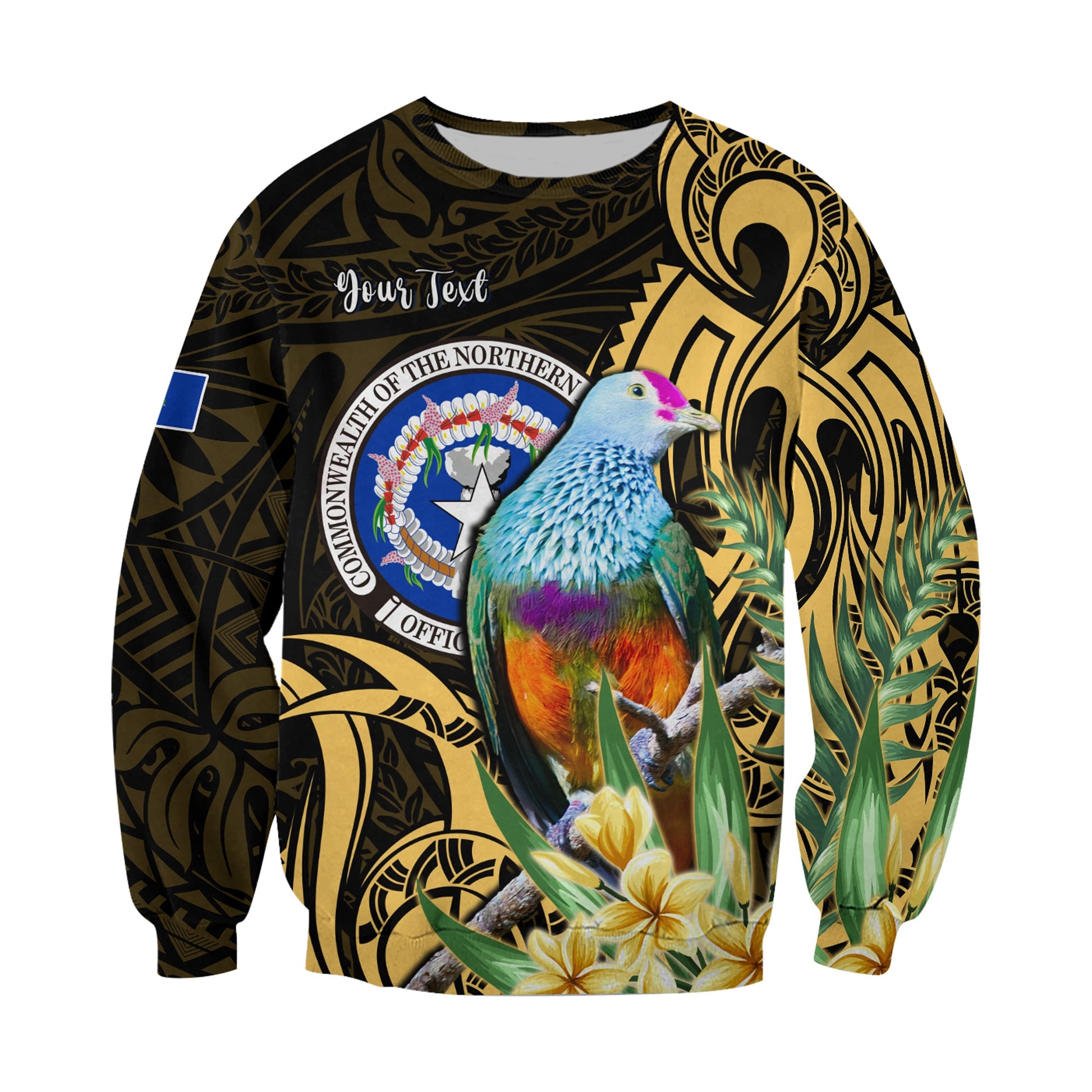 Custom Personalised Northern Mariana Islands Sweatshirt Mariana Fruit Dove Mix Frangipani Flowers Gold