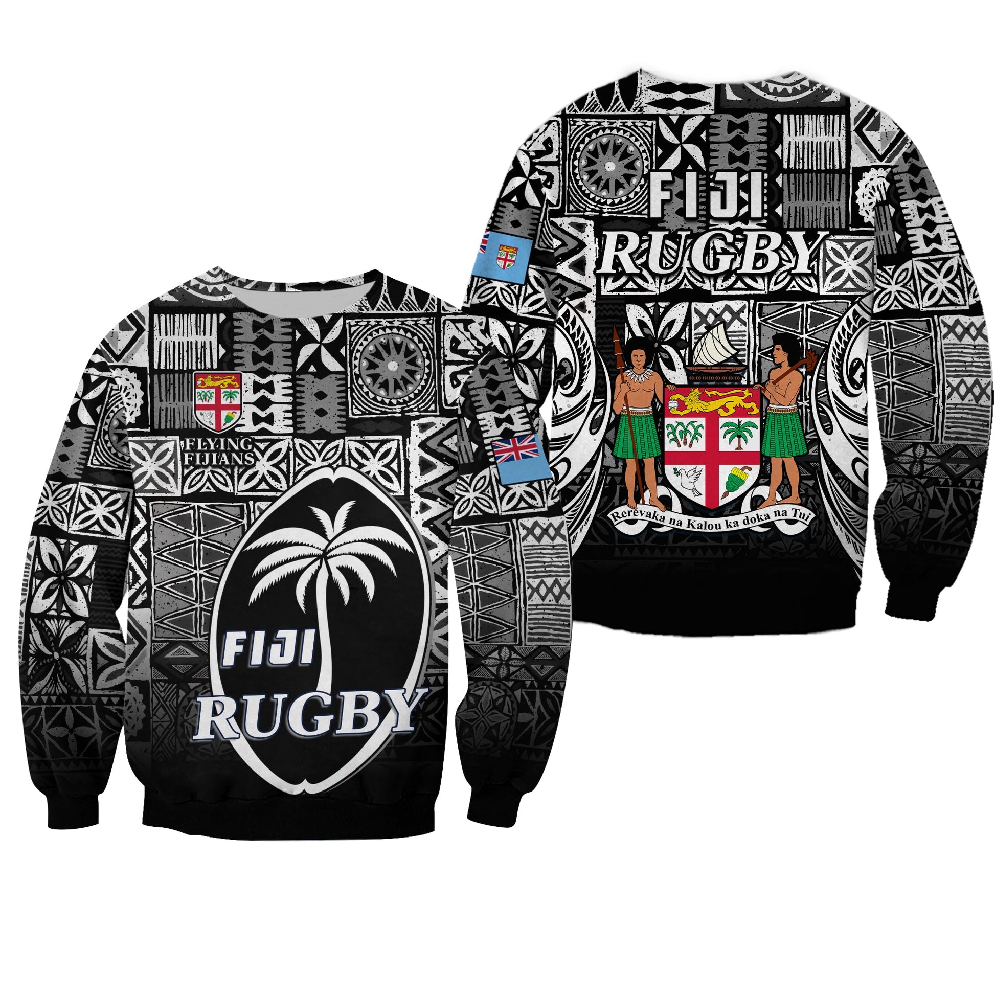 Fiji Rugby Sweatshirt Flying Fijians Black Tapa Pattern