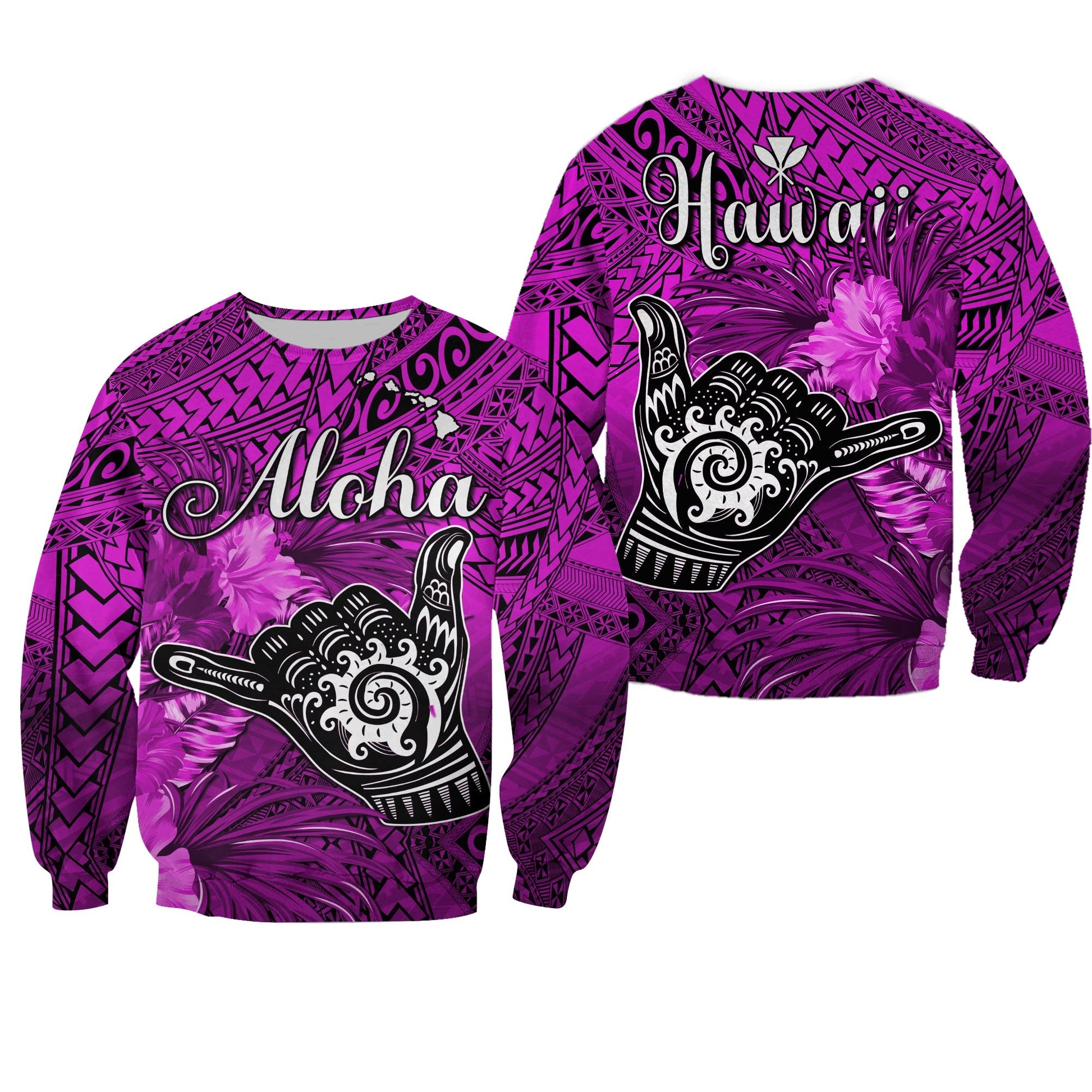 The Shaka Hawaii Sweatshirt Tropical Flowers Purple Version