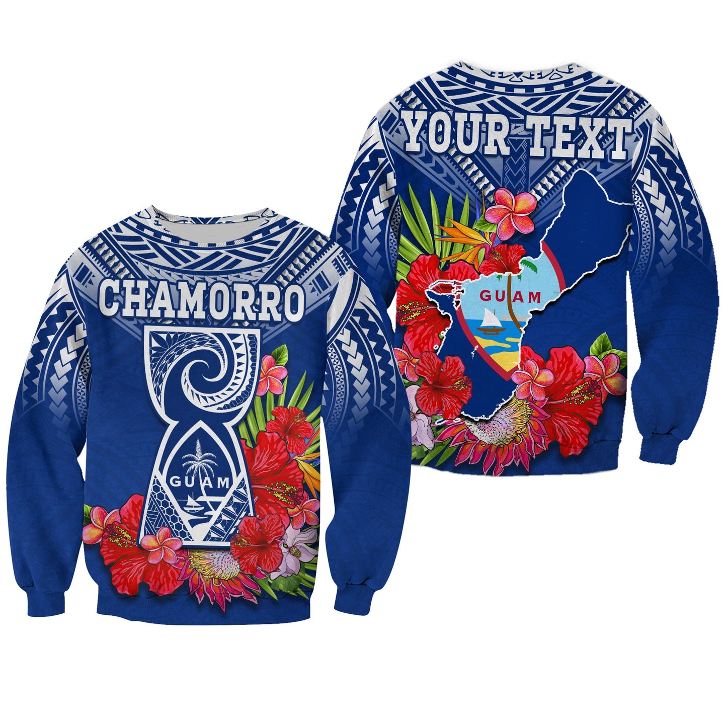 Custom Personalised Guam Chamorro Sweatshirt Guaman Latte Stone Tropical Flowers Blue Version