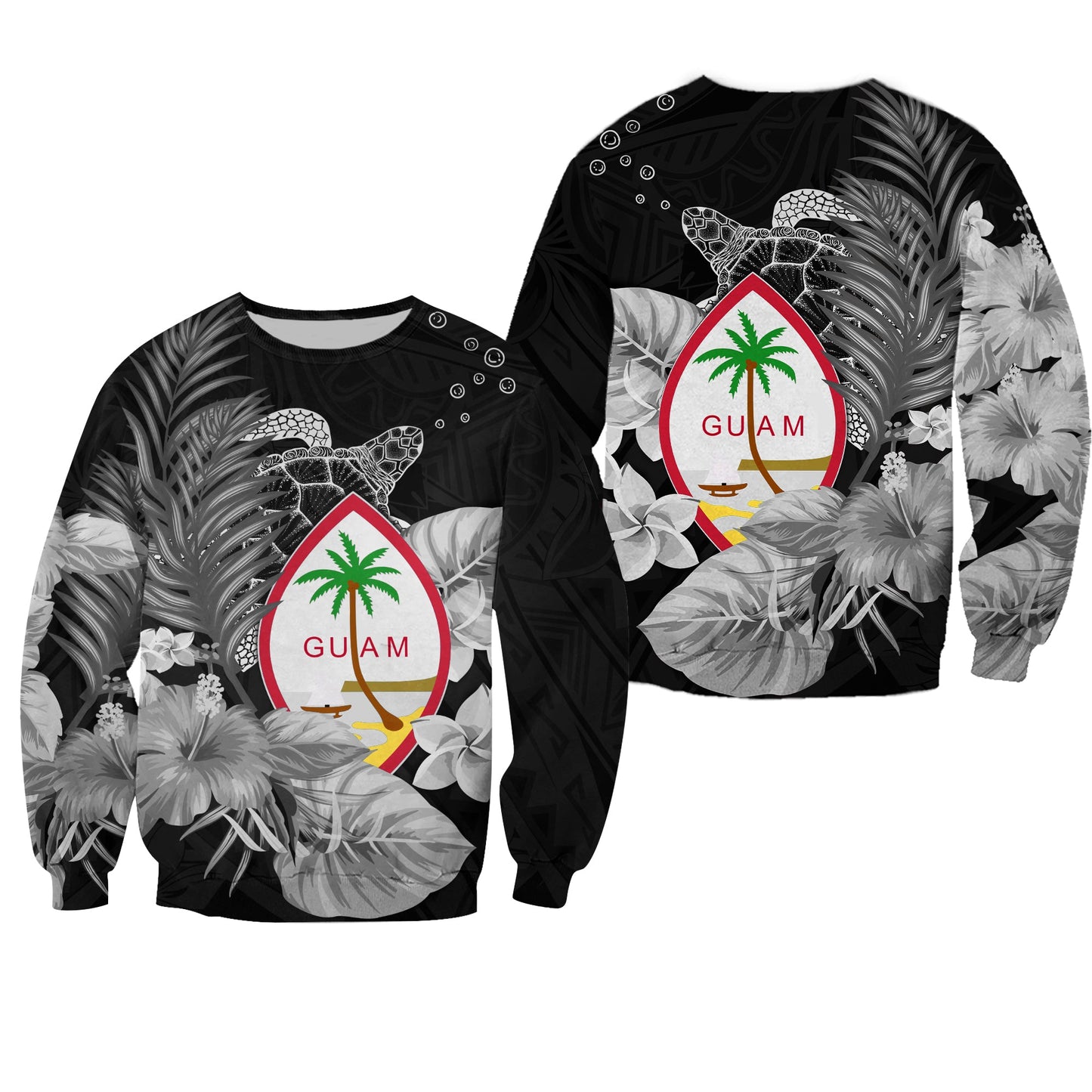 Guam Seal Sweatshirt Polynesian Turtle with Flowers Version White