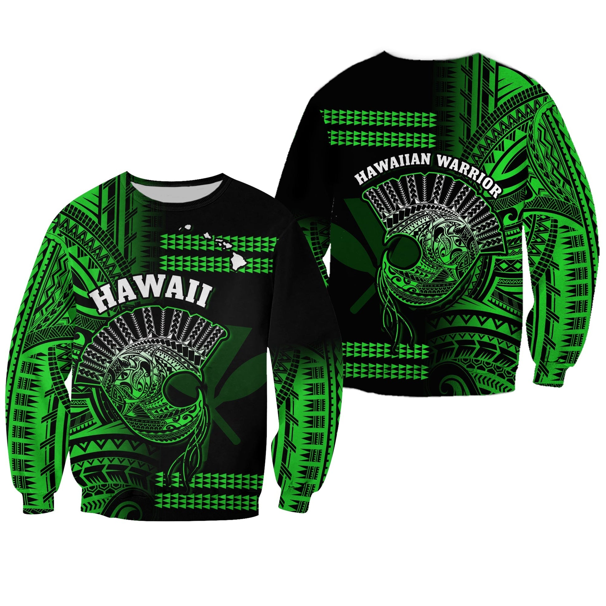 Hawaii Sweatshirt Kakau Warrior Helmet Gradient Green Polynesian