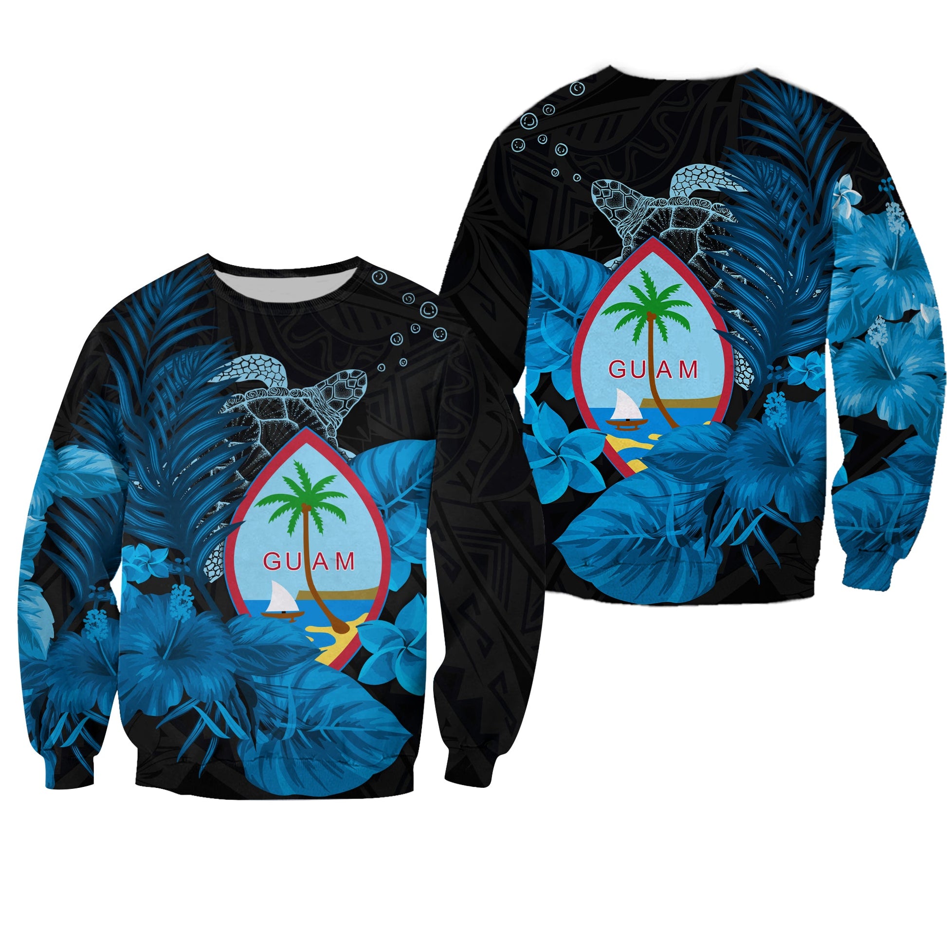 Guam Seal Sweatshirt Polynesian Turtle with Flowers Version Blue