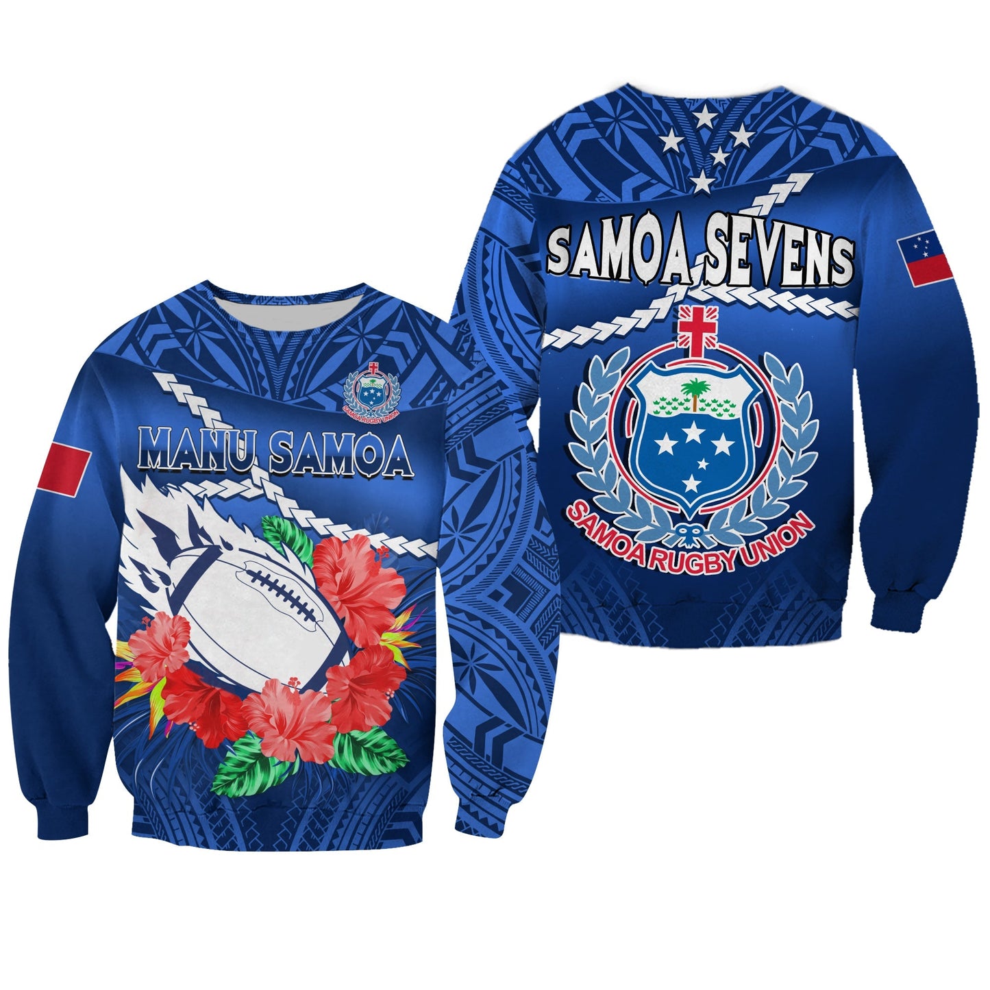 Samoa Rugby Sweatshirt Manu Samoa Polynesian Hibiscus Blue Style
