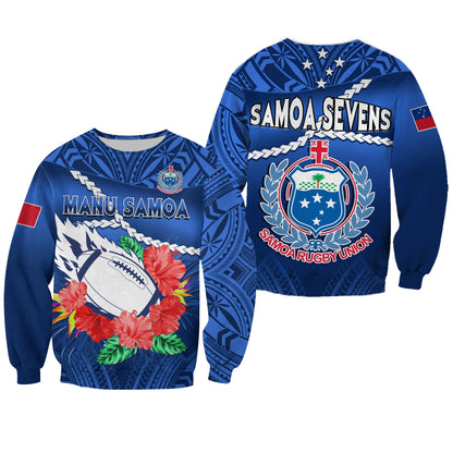 Samoa Rugby Sweatshirt Manu Samoa Polynesian Hibiscus Blue Style