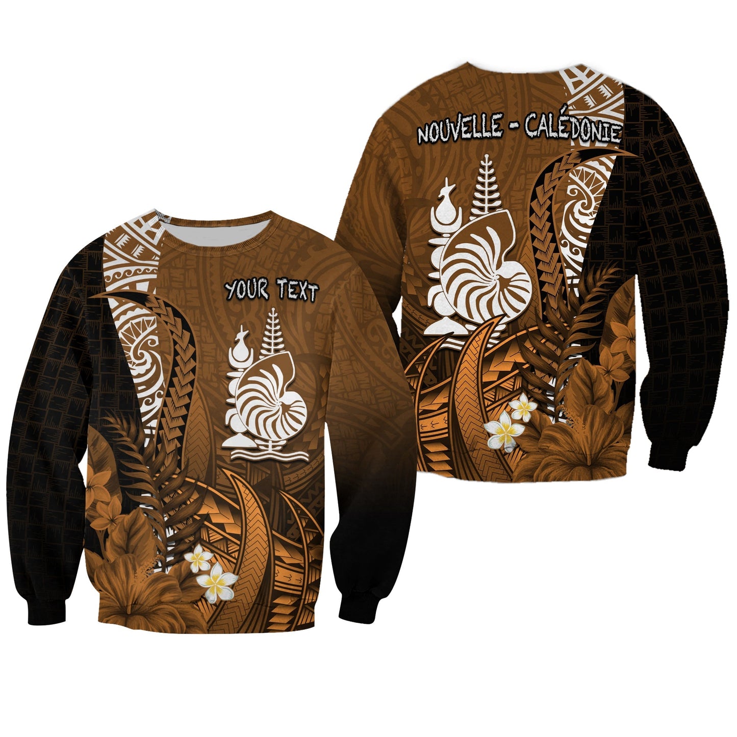 Custom Personalised New Caledonia Sweatshirt Nautilus Gold Polynesian Hibiscus