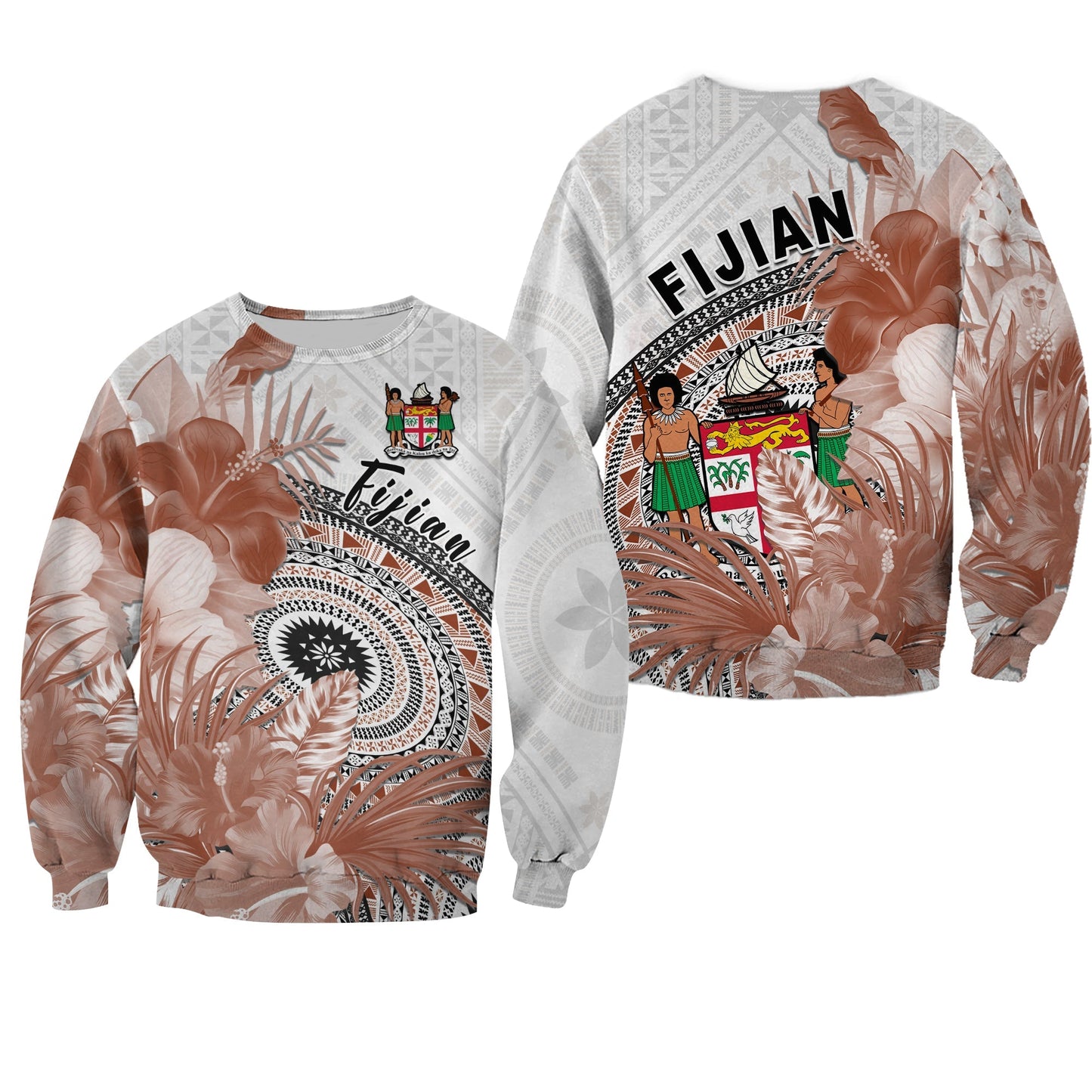 Fiji Tapa Sweatshirt White Fijian Masi Be Loved Hibiscus
