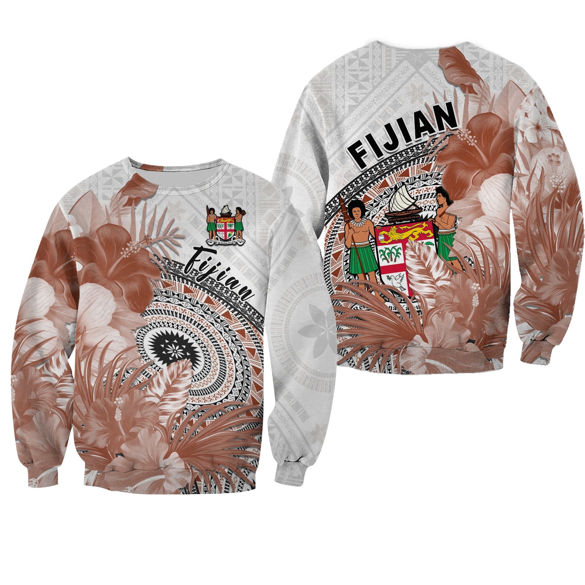 Fiji Tapa Sweatshirt White Fijian Masi Be Loved Hibiscus
