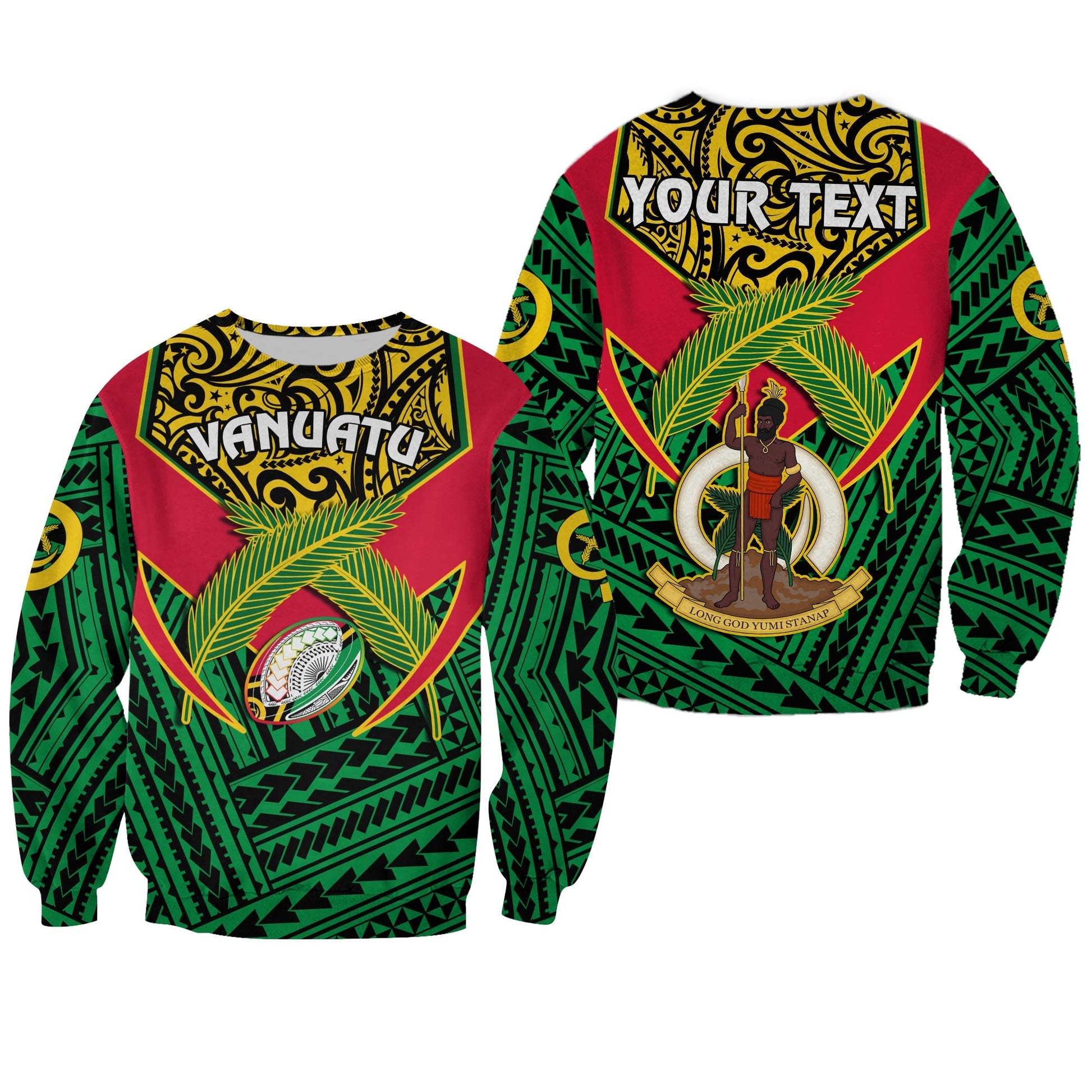Custom Personalised Vanuatu Rugby Sweatshirt Coat Of Arms Polynesian Pattern