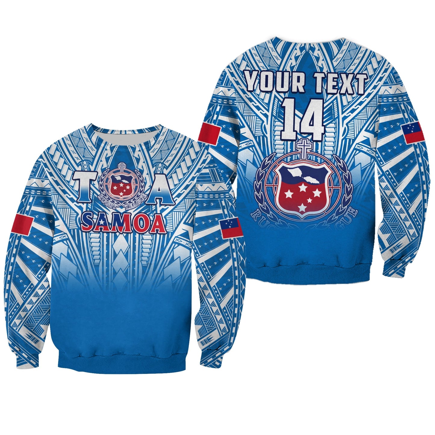 Custom Text And Number Samoa Rugby Sweatshirt Personalise Toa Samoa Polynesian Pacific Blue Version