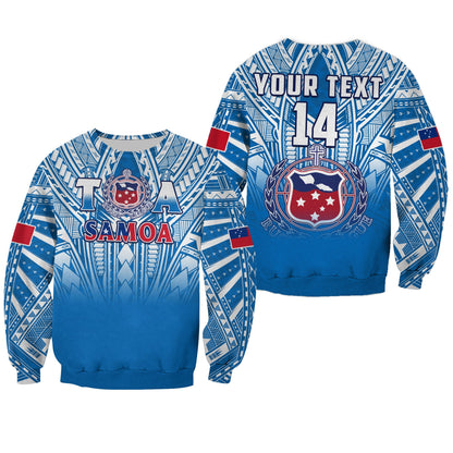 Custom Text And Number Samoa Rugby Sweatshirt Personalise Toa Samoa Polynesian Pacific Blue Version