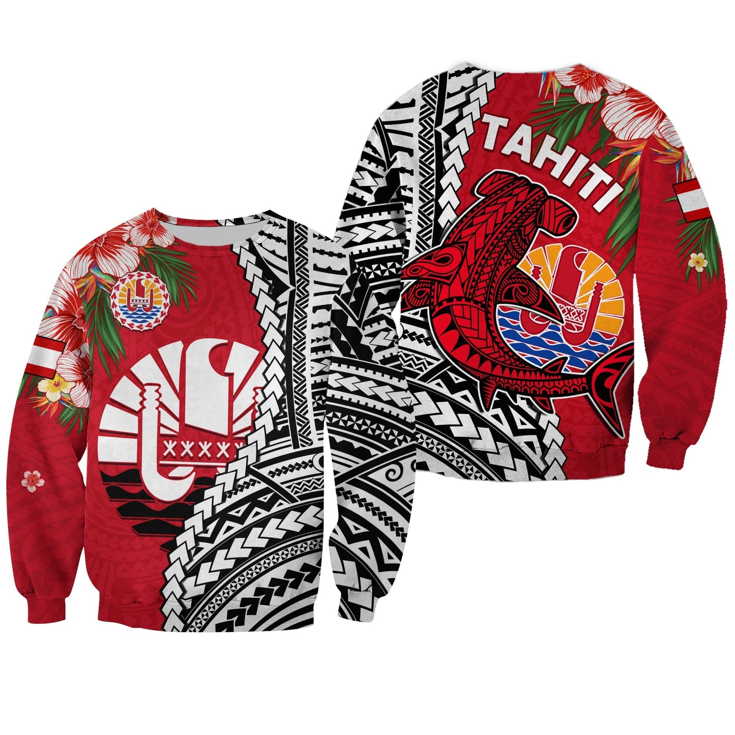 Tahiti Islands Sweatshirt Polynesian Shark Mix Tropical Flowers