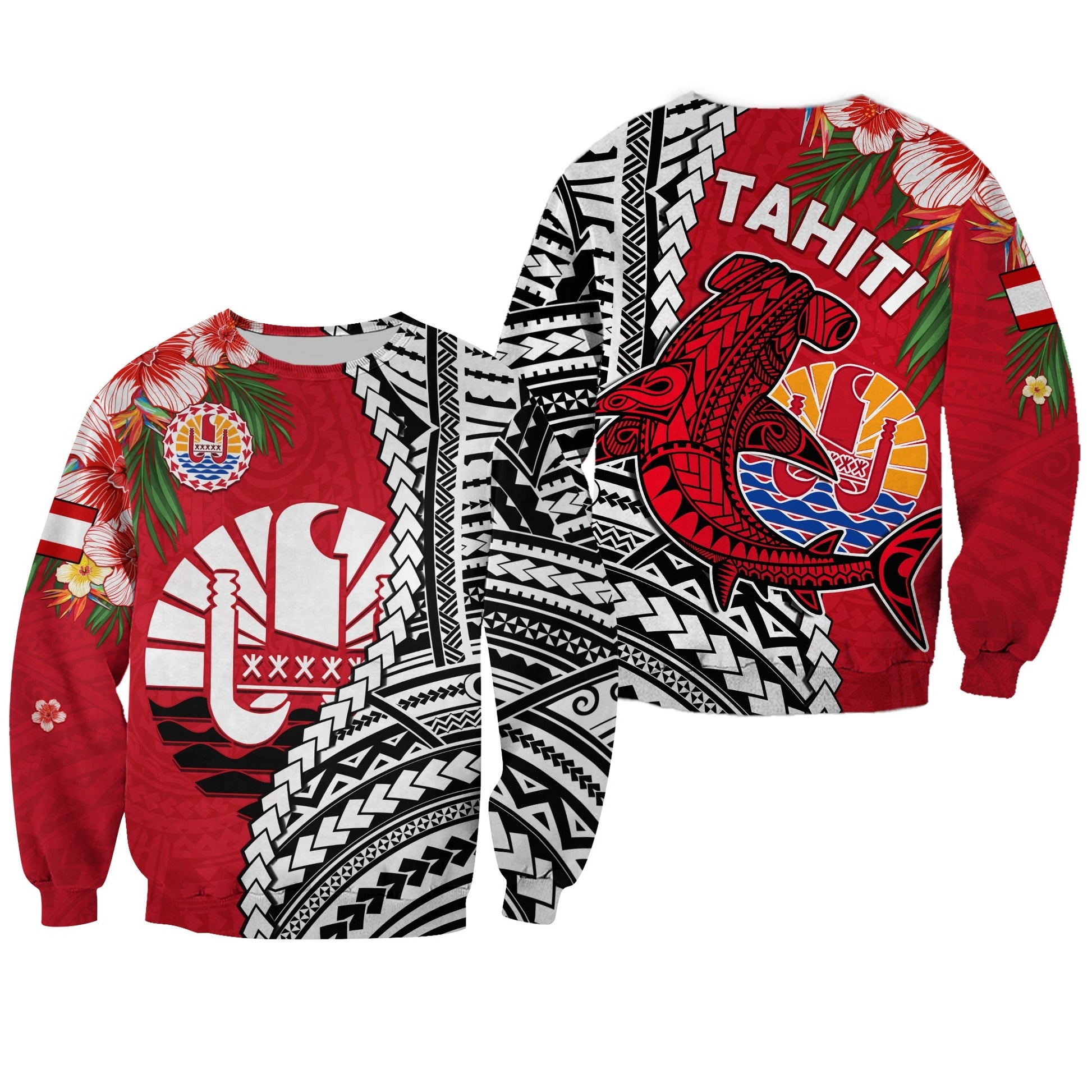 Tahiti Islands Sweatshirt Polynesian Shark Mix Tropical Flowers