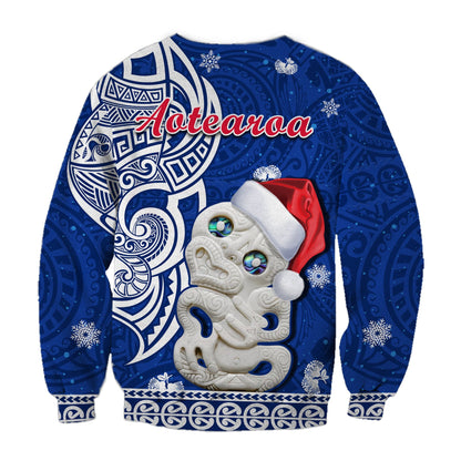 New Zealand Christmas Sweatshirt Hei Tiki Blue Pohutukawa Meri Kirihimete