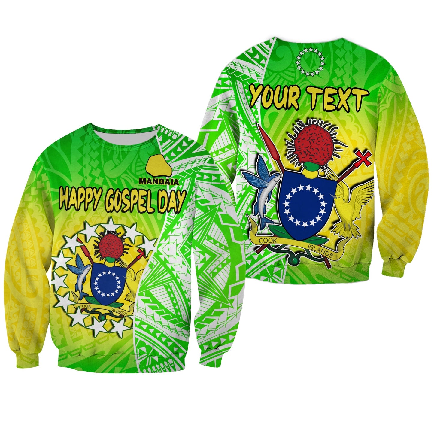 Custom Personalised Happy Mangaia Gospel Day Sweatshirt Cook Islands Coat Of Arms Polynesian Pattern