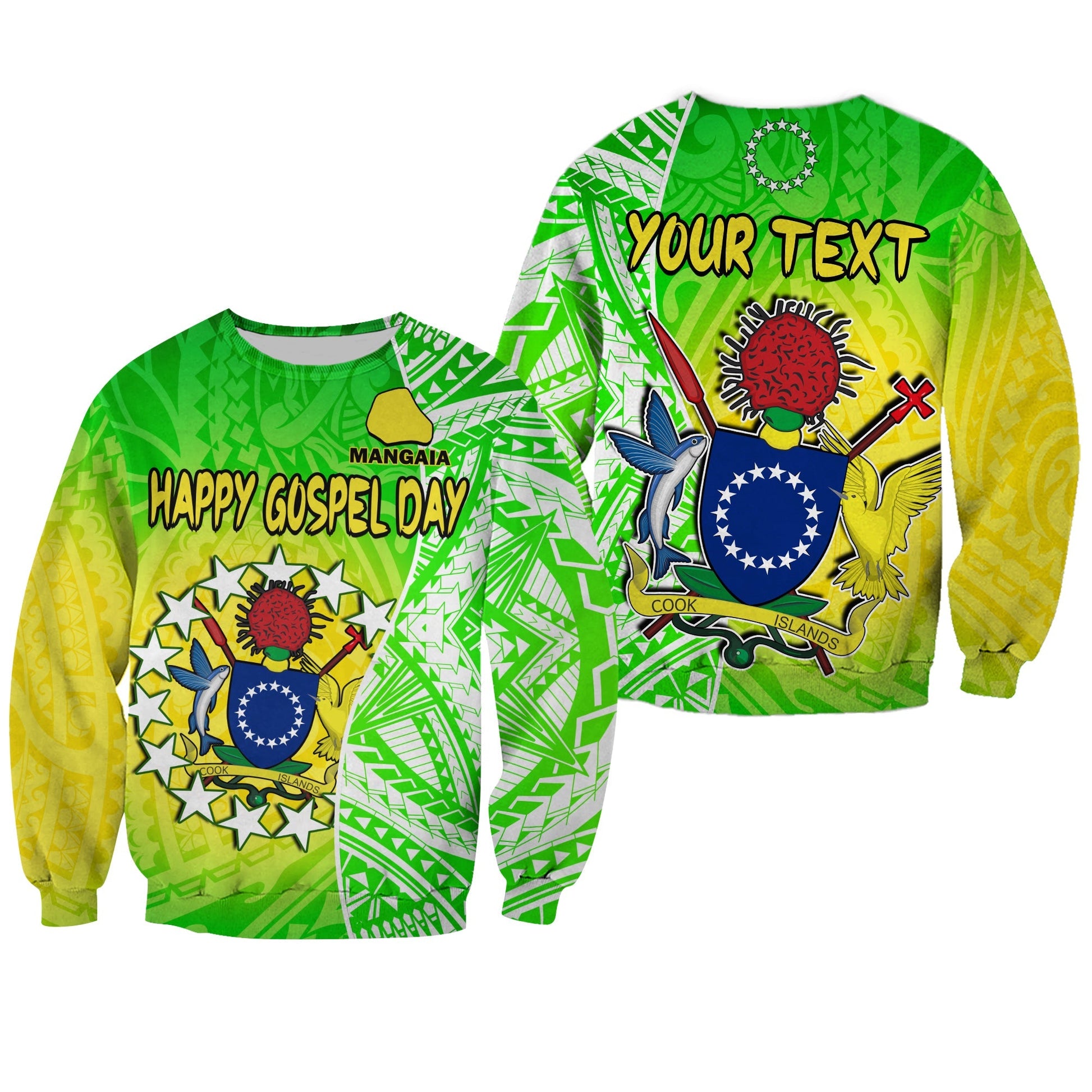 Custom Personalised Happy Mangaia Gospel Day Sweatshirt Cook Islands Coat Of Arms Polynesian Pattern
