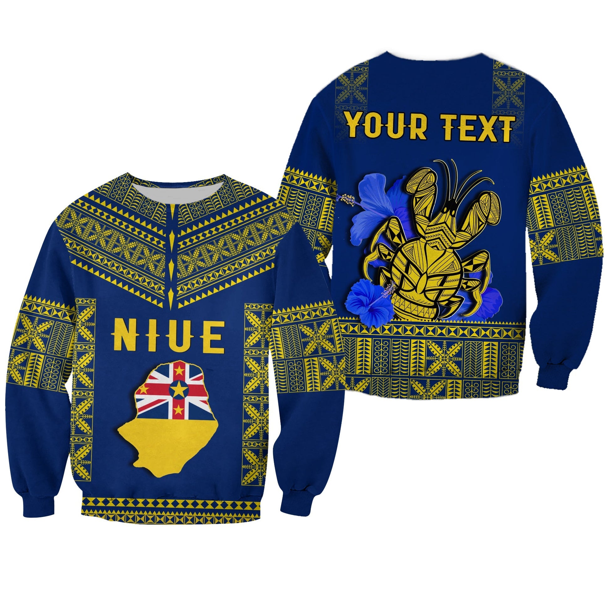 Custom Personalised Niue Sweatshirt Happy Constitution Day Niuean Hiapo Crab With Map