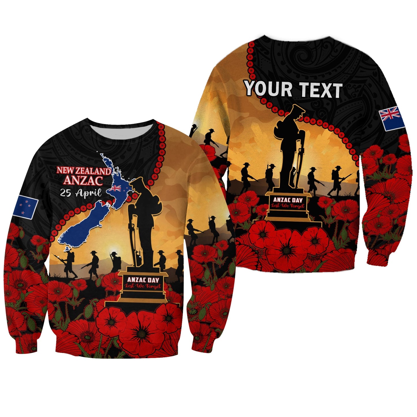 Custom Personalised New Zealand Anzac Sweatshirt Maori Camouflage Mix Poppies We Will Remember Them