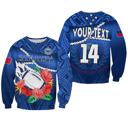 Custom Text And Number Samoa Rugby Sweatshirt Manu Samoa Polynesian Hibiscus Blue Style