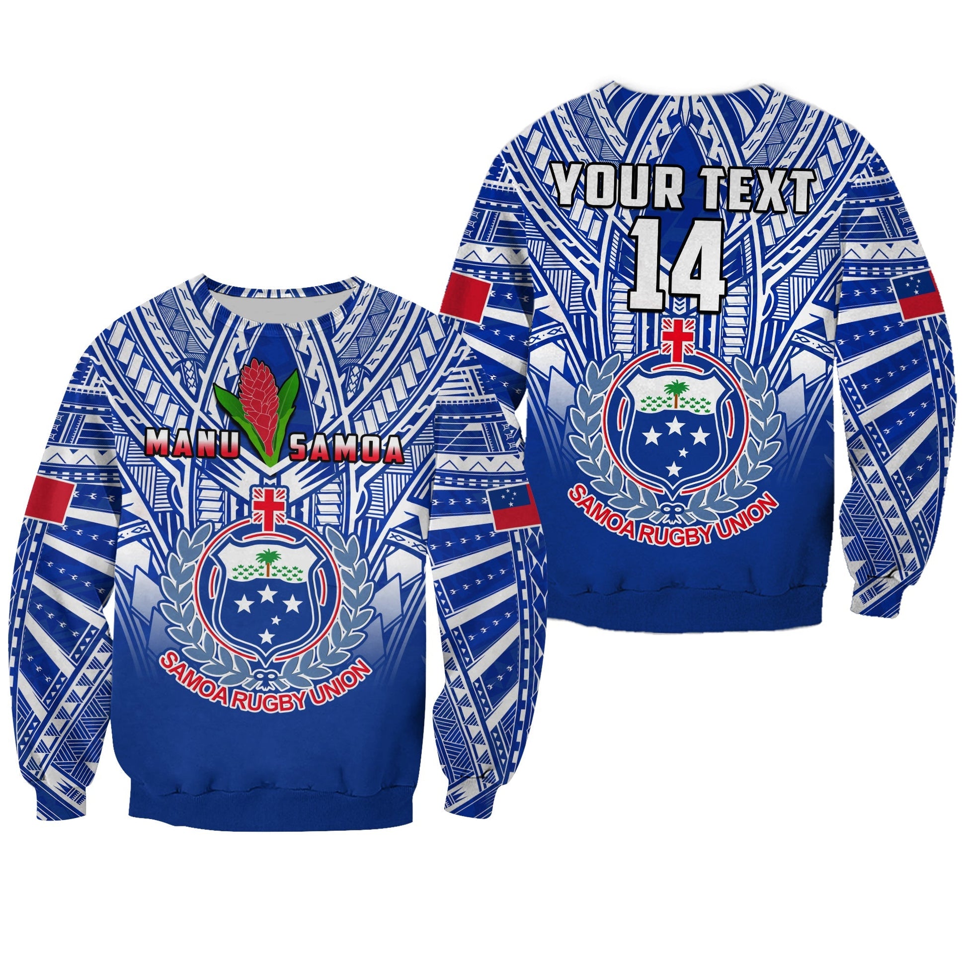 Custom Text And Number Samoa Rugby Sweatshirt Manu Samoa 7s Ginger Blue Polynesian