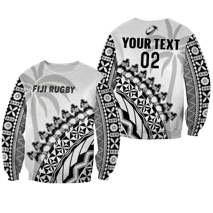 Custom Text And Number Fiji Rugby Sweatshirt Fijian Cibi Dance Tapa Pattern White