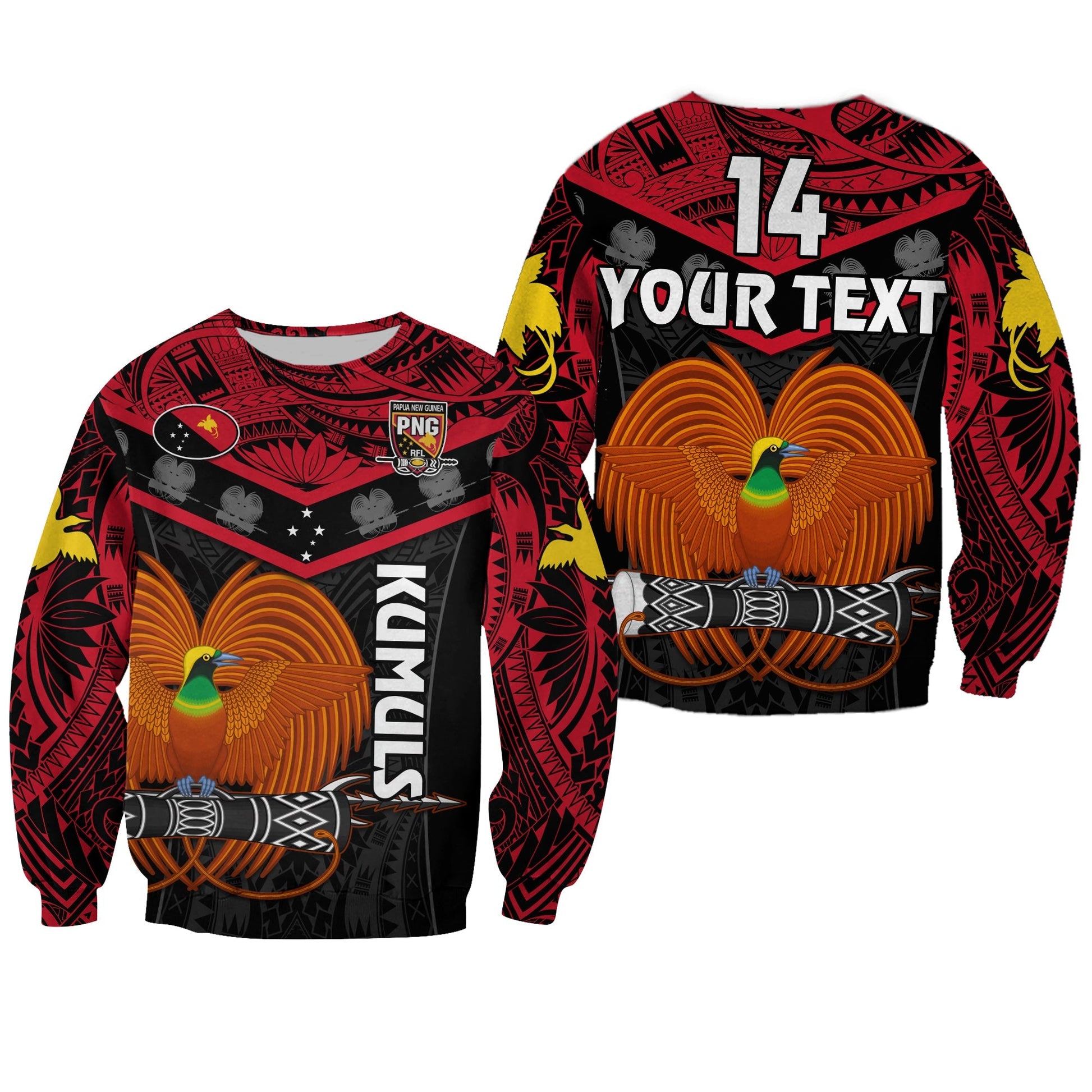 Custom Text And Number Papua New Guinea Rugby Sweatshirt PNG Kumuls Bird Of Paradise Black