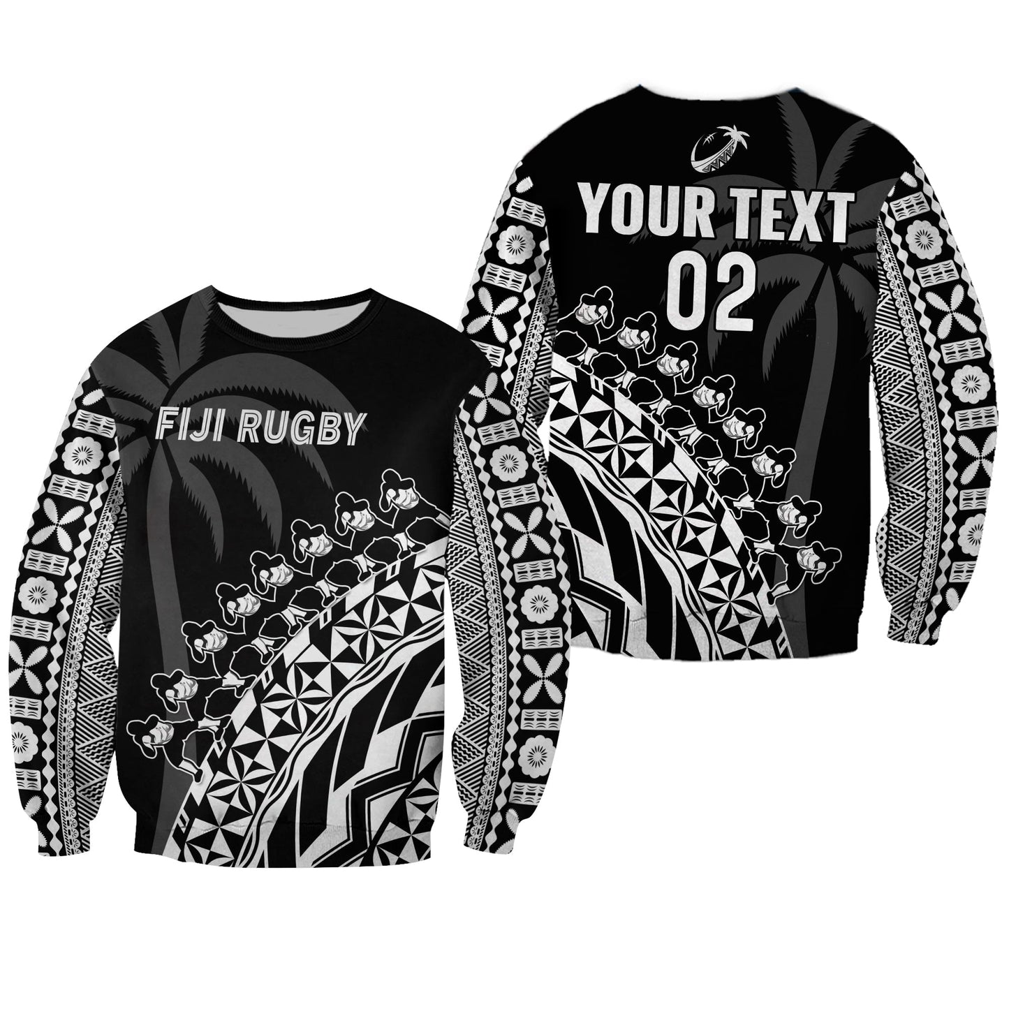 Custom Text And Number Fiji Rugby Sweatshirt Fijian Cibi Dance Tapa Pattern Black