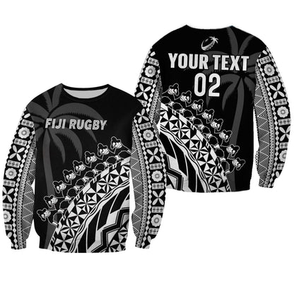 Custom Text And Number Fiji Rugby Sweatshirt Fijian Cibi Dance Tapa Pattern Black
