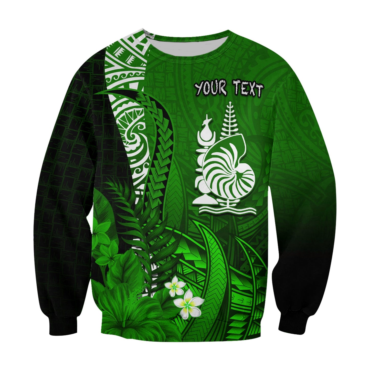Custom Personalised New Caledonia Sweatshirt Nautilus Green Polynesian Hibiscus