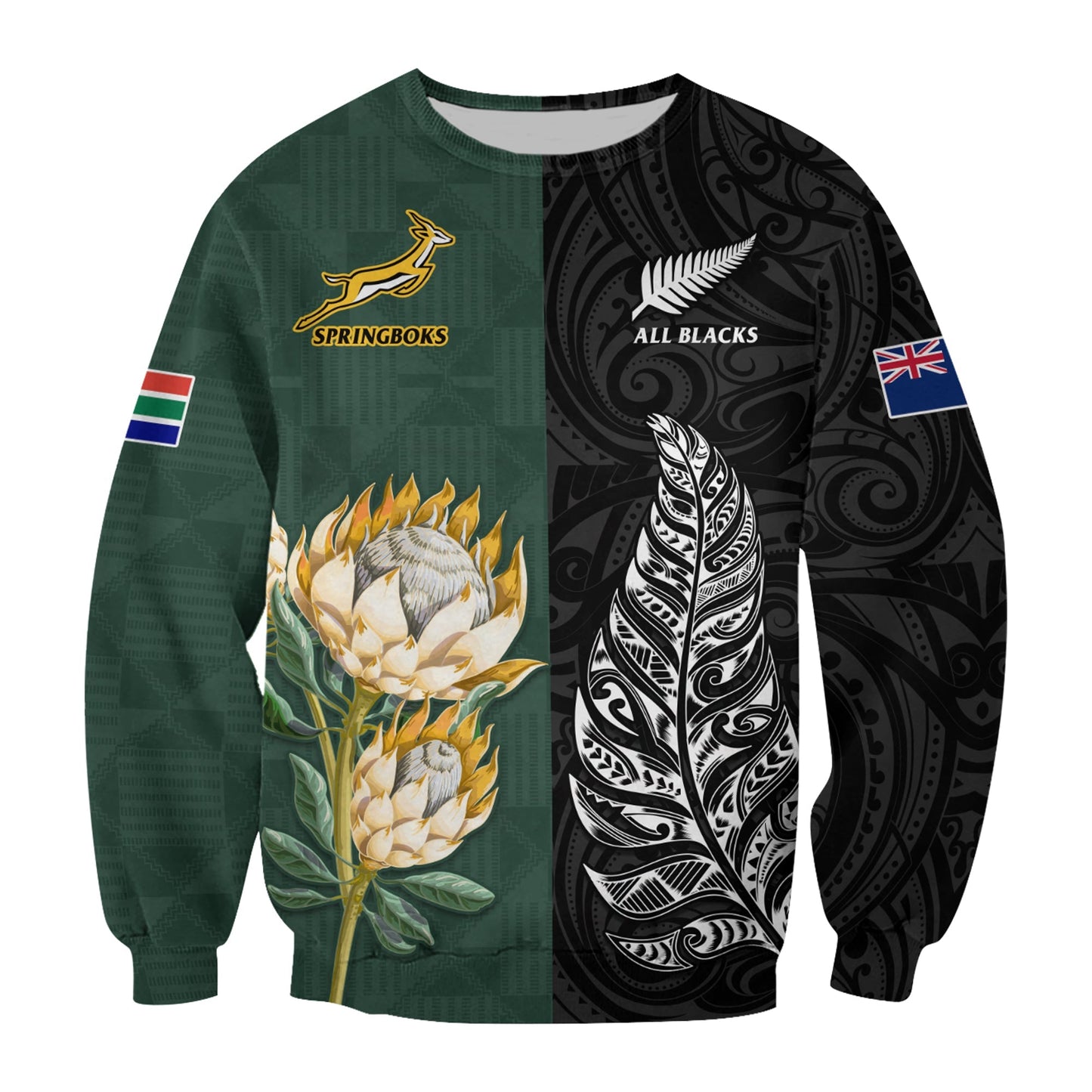 South Africa Protea and New Zealand Fern Sweatshirt Rugby Go Springboks vs All Black