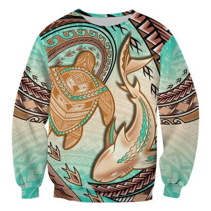 Hawaii Sweatshirt Polynesian Shark And Sea Turtle Dreamy Turquoise Artsy