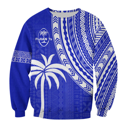 Custom Text and Number Fiji Rugby Sevens Sweatshirt Fijian 7s Tapa Polynesian Blue Ver.02