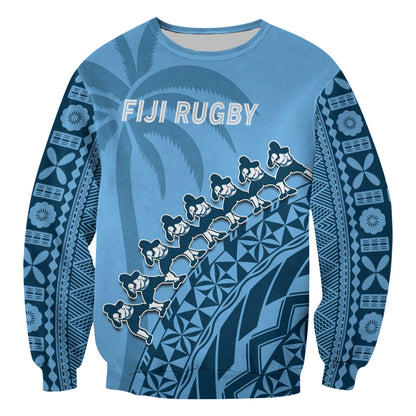 Custom Text And Number Fiji Tapa Rugby Sweatshirt Fijian Cibi Dance Tapa Pattern Blue