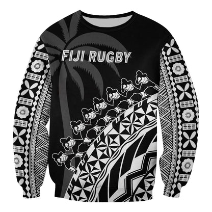 Fiji Rugby Sweatshirt Fijian Cibi Dance Tapa Pattern Black
