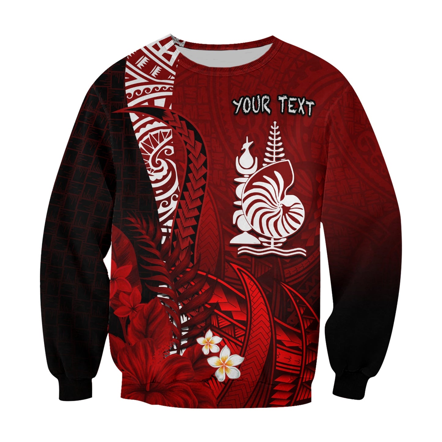 Custom Personalised New Caledonia Sweatshirt Nautilus Red Polynesian Hibiscus